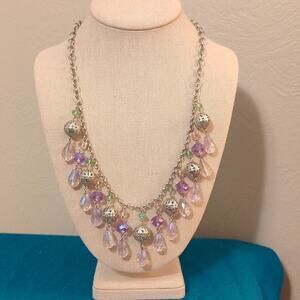 Lavender/Green Glass Crystal Bauble Silver Tone Filigree Ball Necklace